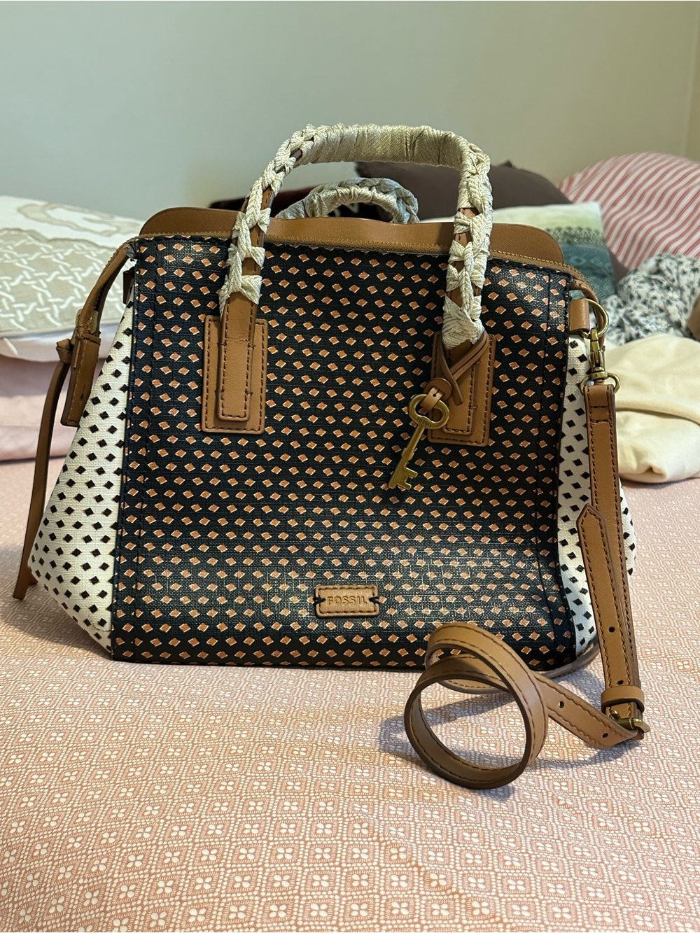 Fossil Black and Tan Patterned Satchel with White Sides
